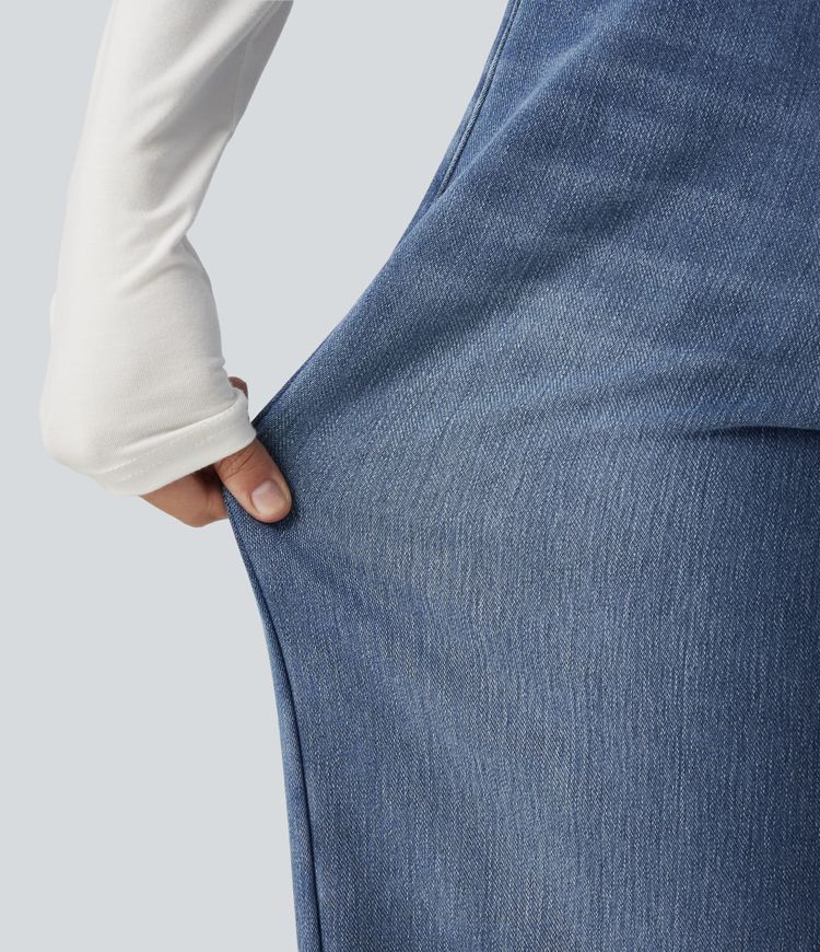 High Waisted Asymmetric Baggy Fleece Casual Cotton Jeans with Pockets