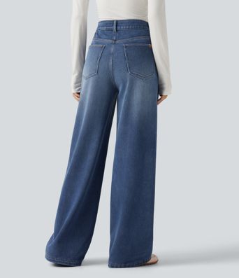 High Waisted Asymmetric Baggy Fleece Casual Cotton Jeans with Pockets