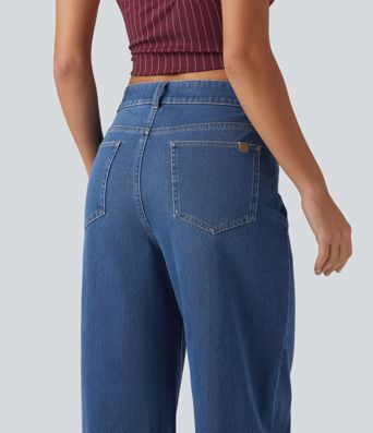Halara Flex™ - Lässige Jeans mit mittelhohem Crossover-Bund, mehreren Taschen und geschwungenem Bein