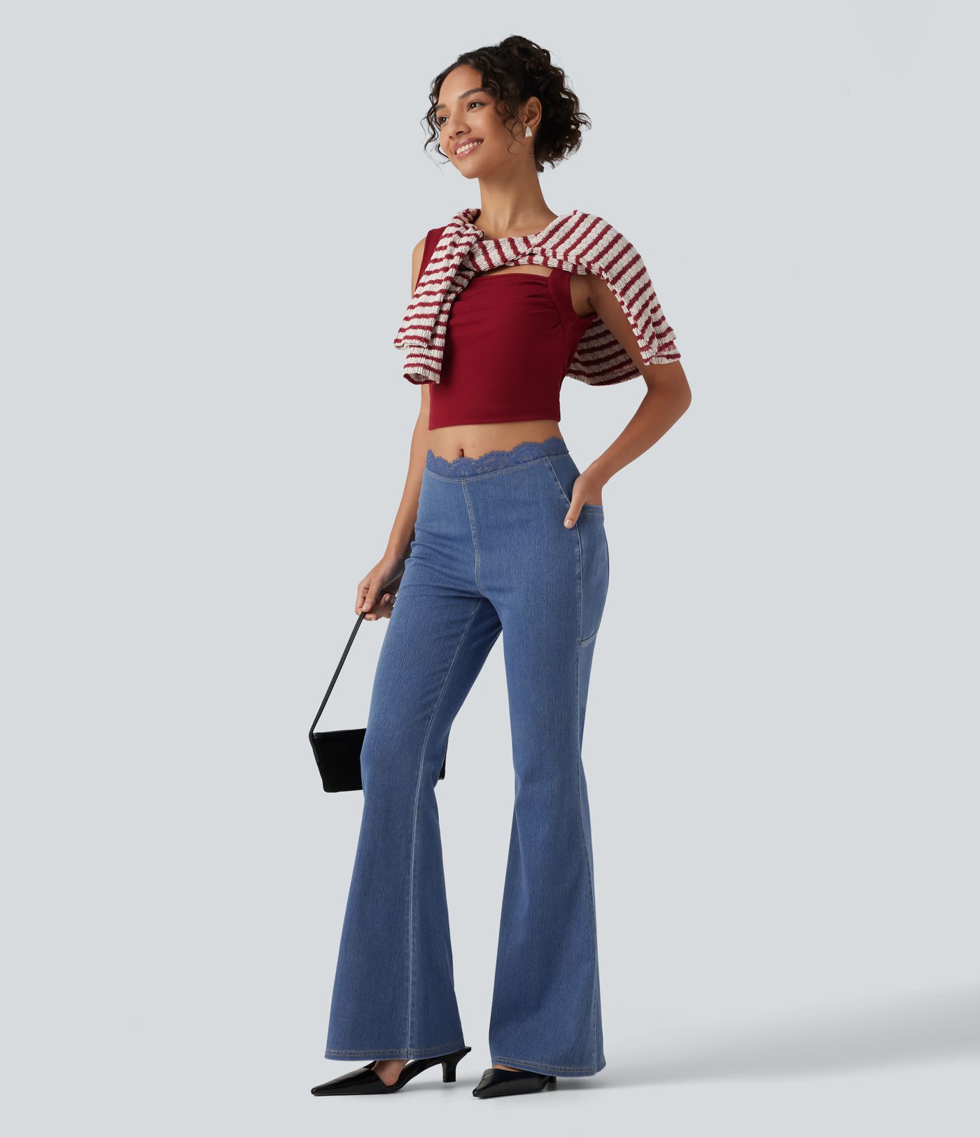 Halara Flex™ Mid Rise Flare Contrast Lace Casual Jean with Pockets Halara Flex™ Mid Rise Flare Contrast Lace Casual Jean with Pockets