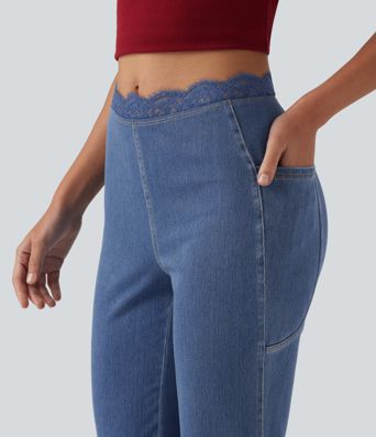 Halara Flex™ Mid Rise Flare Contrast Lace Casual Jean with Pockets Halara Flex™ Mid Rise Flare Contrast Lace Casual Jean with Pockets