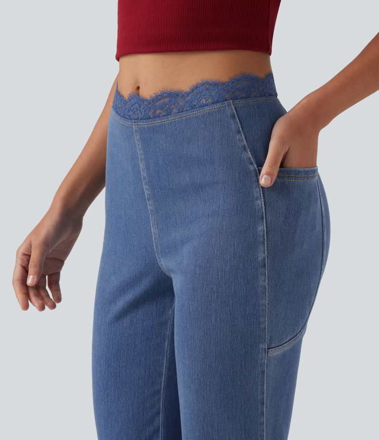 Halara Flex™ Mid Rise Flare Contrast Lace Casual Jean with Pockets Halara Flex™ Mid Rise Flare Contrast Lace Casual Jean with Pockets
