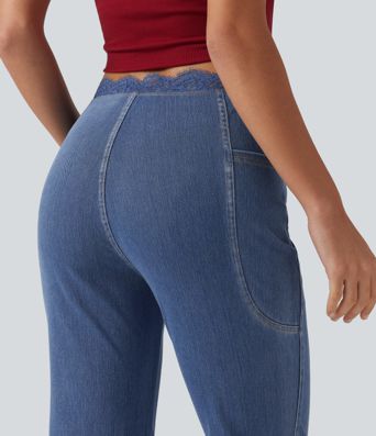 Halara Flex™ Mid Rise Flare Contrast Lace Casual Jean with Pockets Halara Flex™ Mid Rise Flare Contrast Lace Casual Jean with Pockets