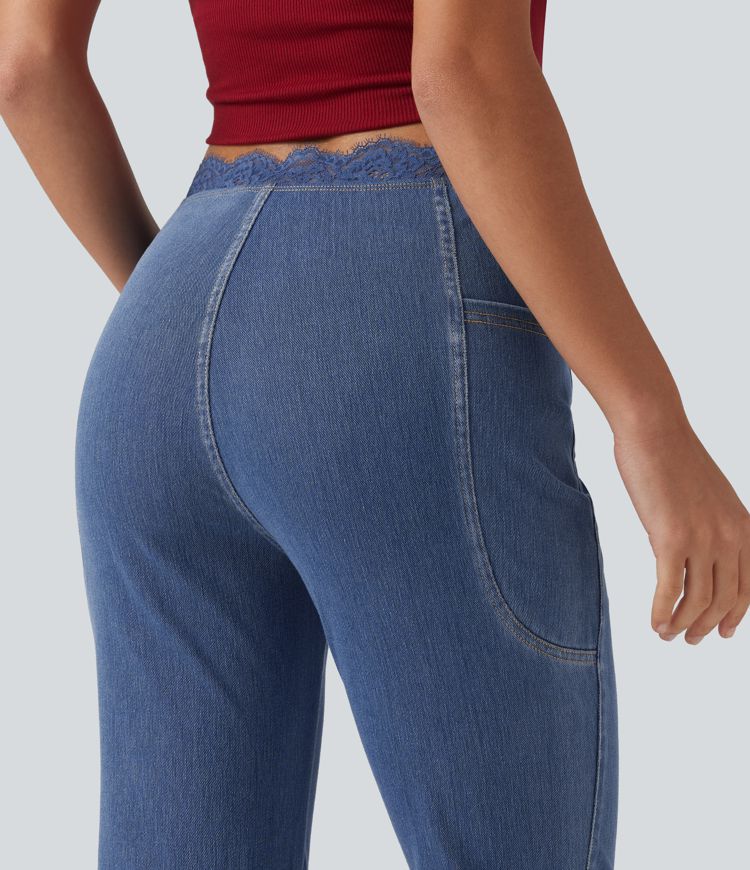 Halara Flex™ Mid Rise Flare Contrast Lace Casual Jean with Pockets Halara Flex™ Mid Rise Flare Contrast Lace Casual Jean with Pockets
