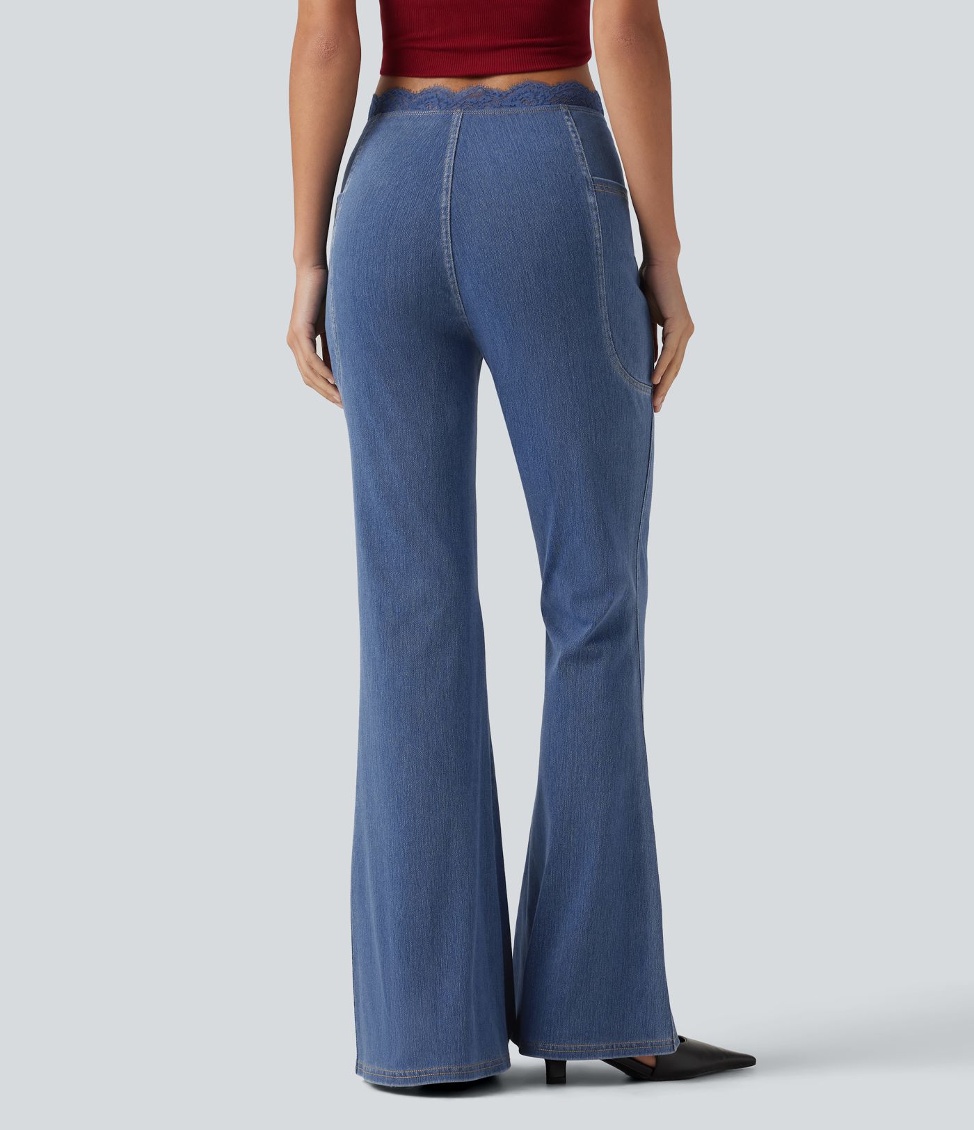 Halara Flex™ Mid Rise Flare Contrast Lace Casual Jean with Pockets Halara Flex™ Mid Rise Flare Contrast Lace Casual Jean with Pockets