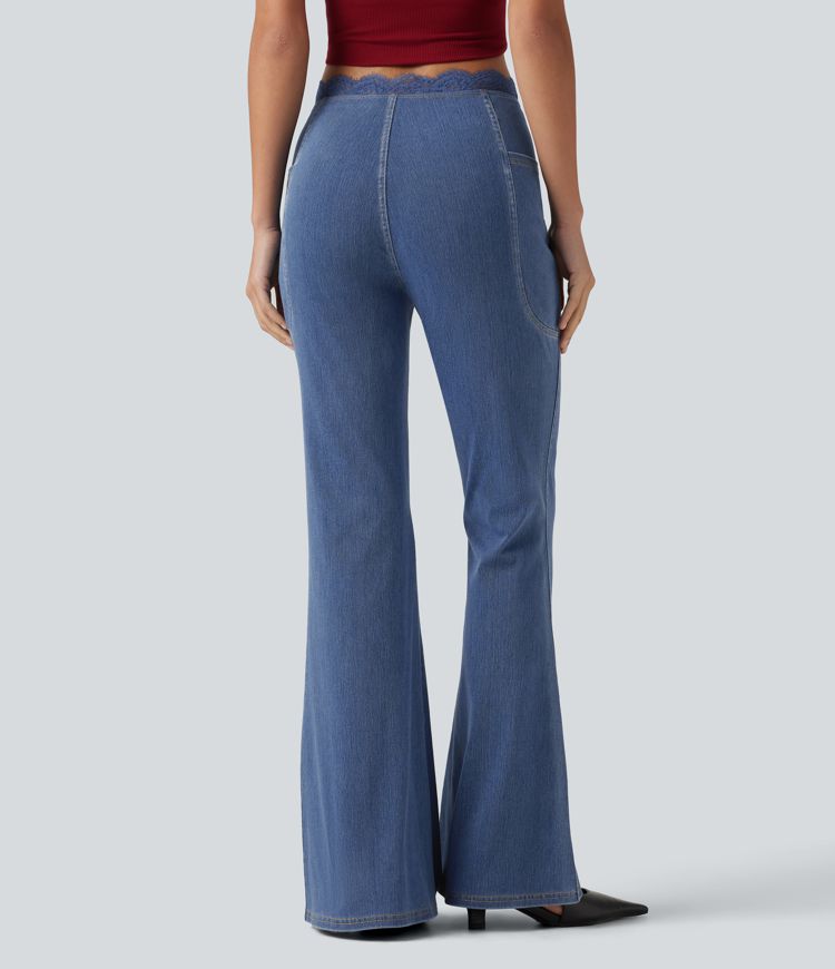Halara Flex™ Mid Rise Flare Contrast Lace Casual Jean with Pockets Halara Flex™ Mid Rise Flare Contrast Lace Casual Jean with Pockets