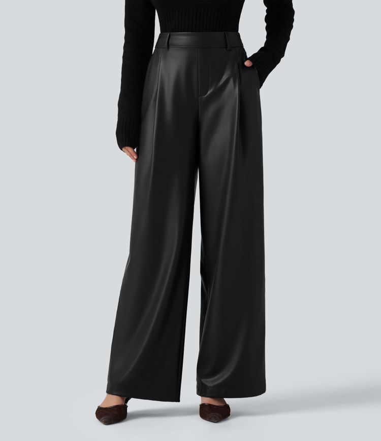 High Waisted Wide Leg Stretchy PU Fleece Casual Pants with Pockets