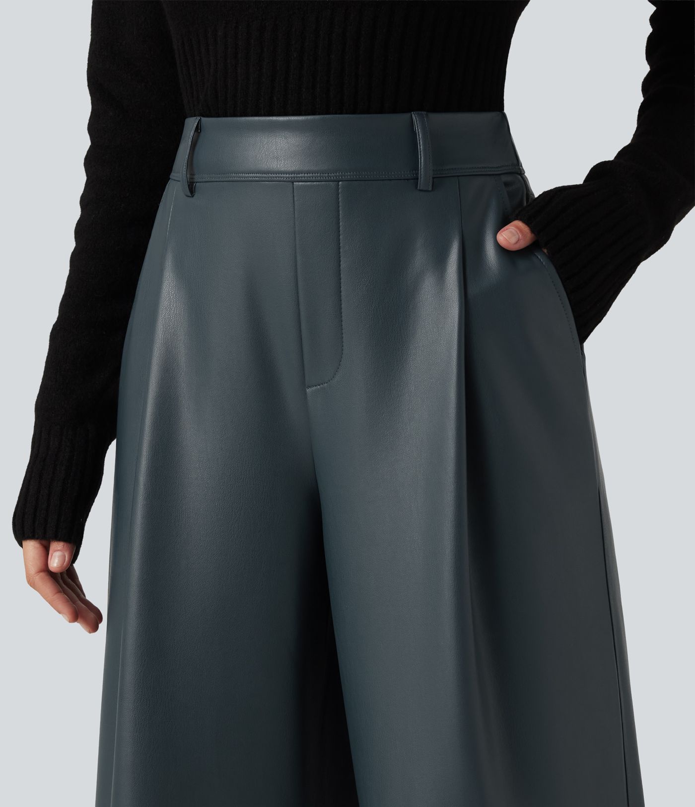 High Waisted Wide Leg Stretchy PU Fleece Casual Pants with Pockets High Waisted Wide Leg Stretchy PU Fleece Casual Pants with Pockets