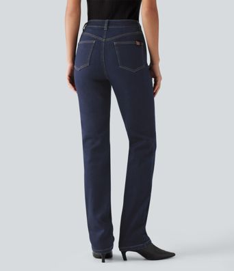 Lässige Jeans aus Baumwolle mit mittelhohem Bund, mehreren Taschen und geradem Bein Lässige Jeans aus Baumwolle mit mittelhohem Bund, mehreren Taschen und geradem Bein