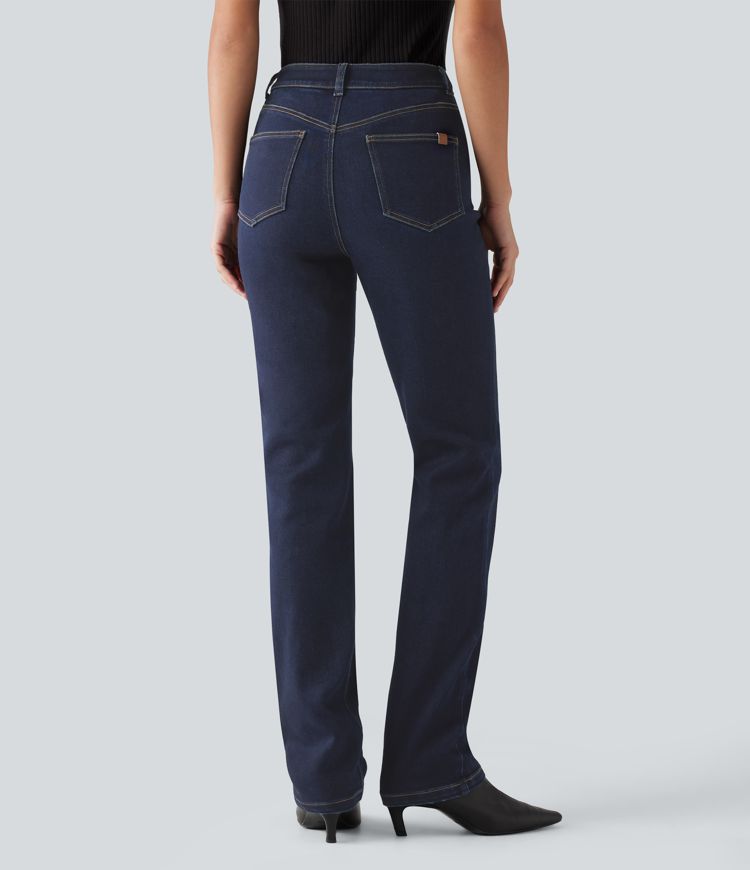 Lässige Jeans aus Baumwolle mit mittelhohem Bund, mehreren Taschen und geradem Bein Lässige Jeans aus Baumwolle mit mittelhohem Bund, mehreren Taschen und geradem Bein