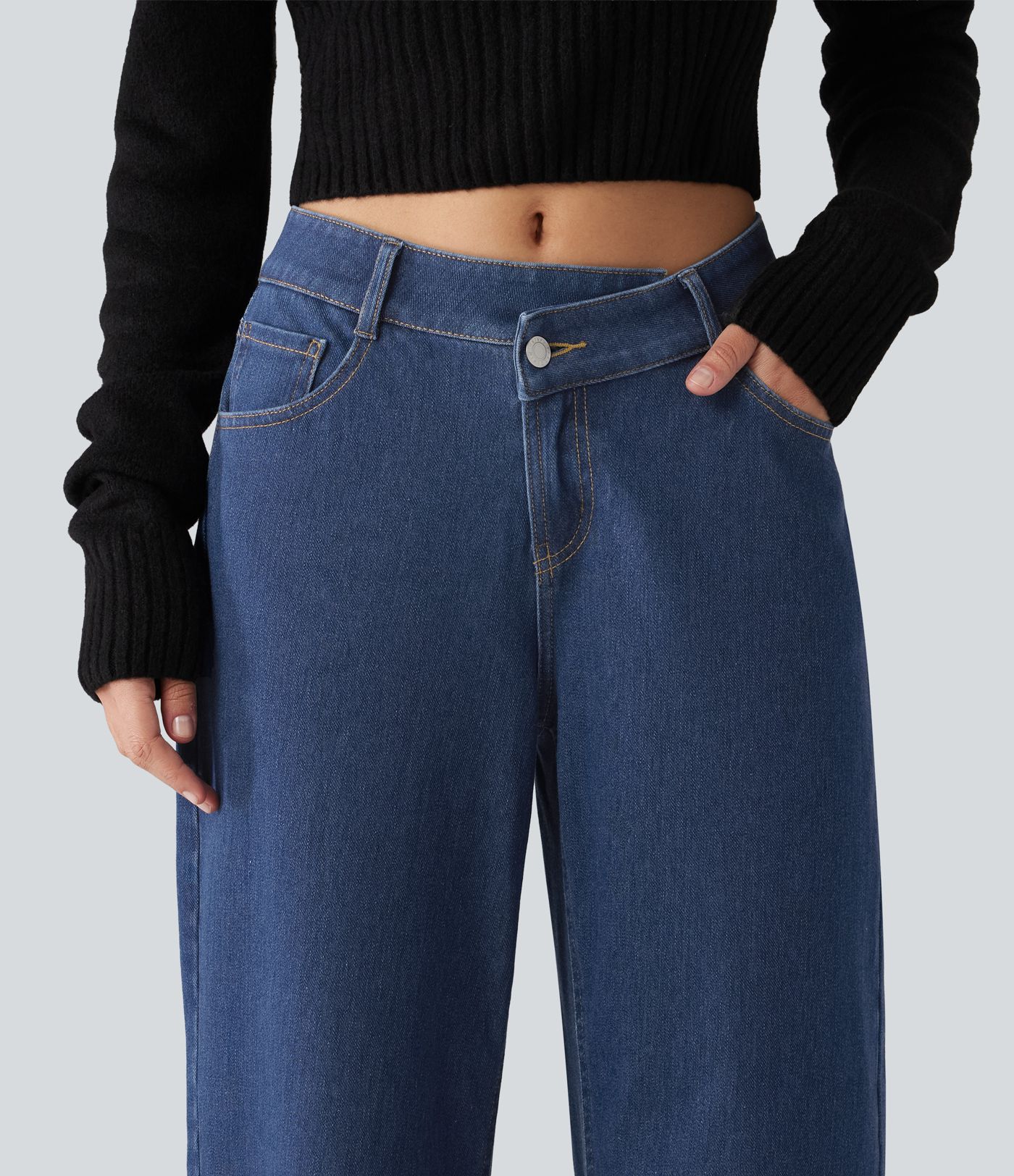 Halara Flex™ Mid Rise Asymmetric Barrel Leg Casual Jeans with Pockets