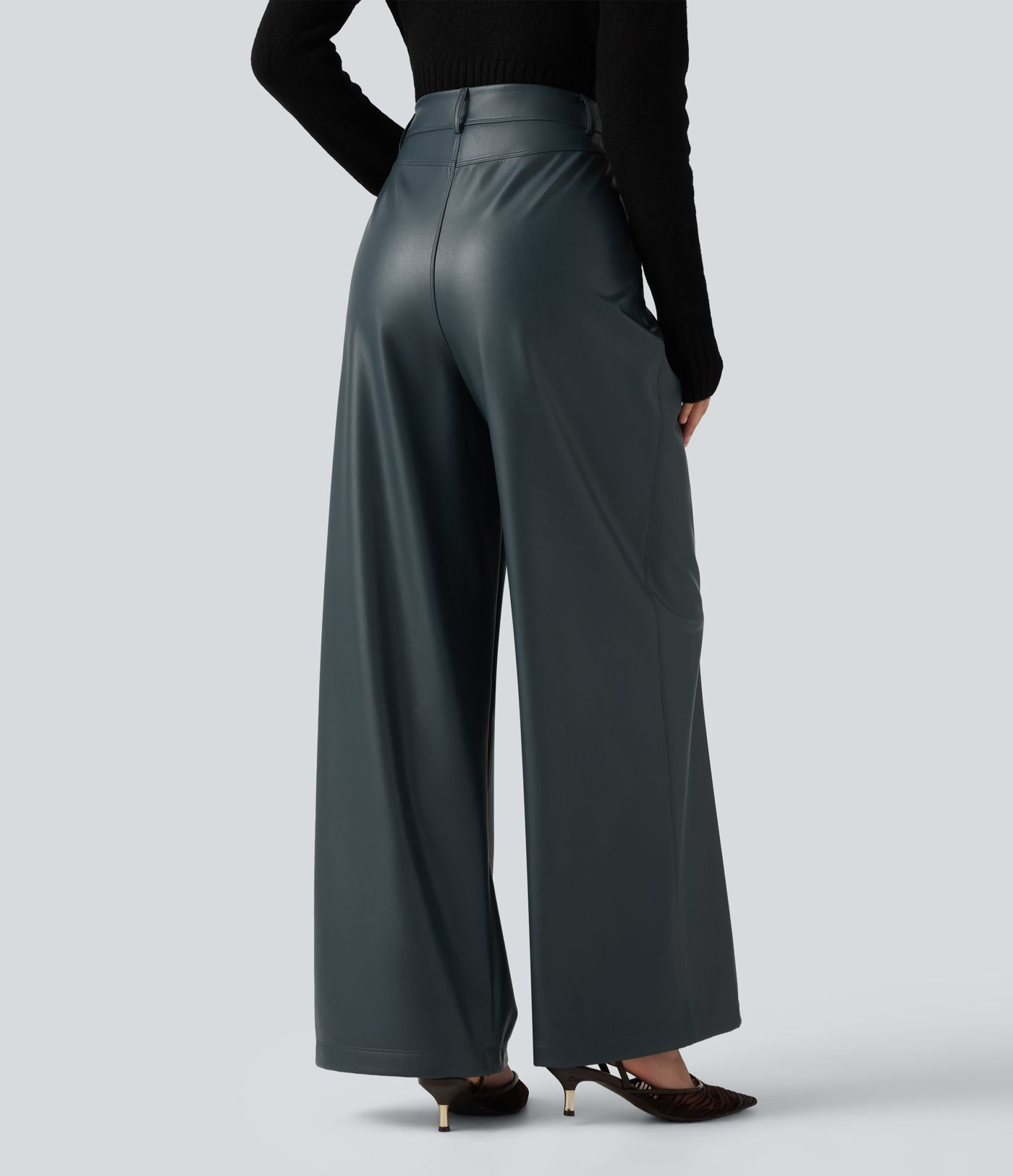 High Waisted Wide Leg Stretchy PU Fleece Casual Pants with Pockets High Waisted Wide Leg Stretchy PU Fleece Casual Pants with Pockets