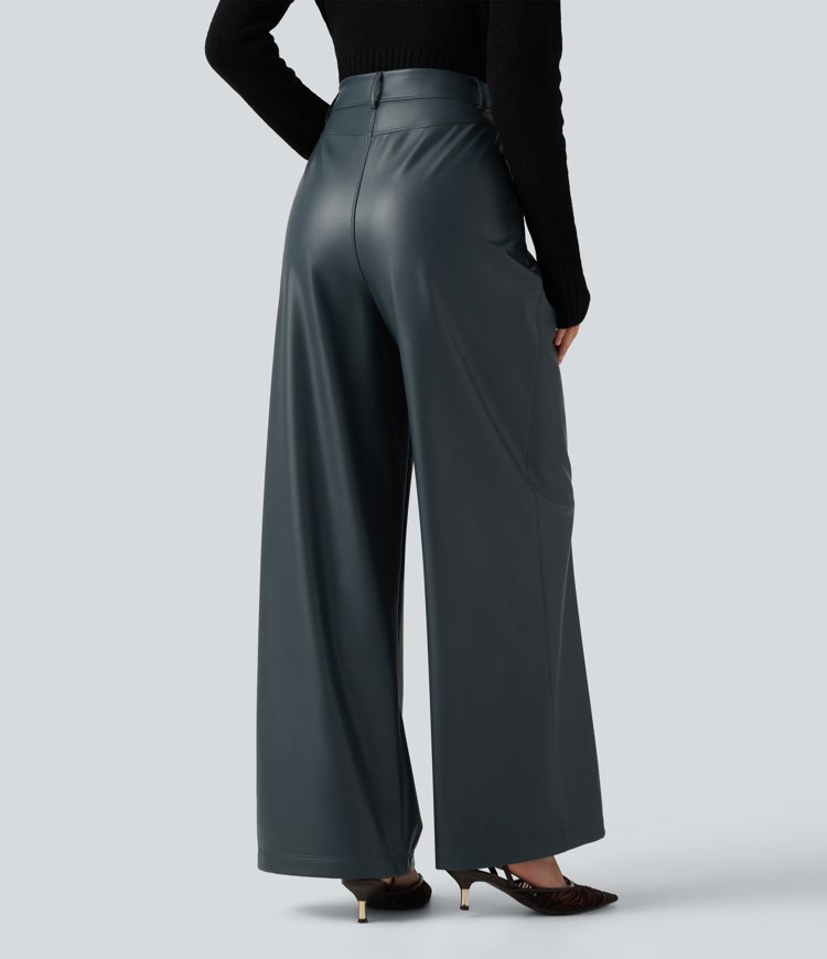 High Waisted Wide Leg Stretchy PU Fleece Casual Pants with Pockets High Waisted Wide Leg Stretchy PU Fleece Casual Pants with Pockets