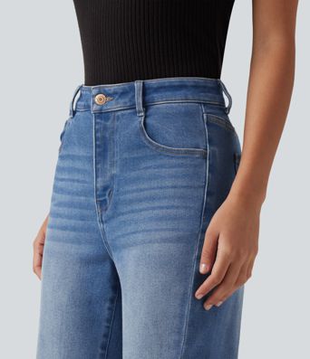 Mid Rise Patterned Denim Casual Flare Jeans with Pockets Mid Rise Patterned Denim Casual Flare Jeans with Pockets