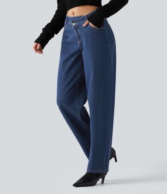 Halara Flex™ Mid Rise Asymmetric Barrel Leg Casual Jeans with Pockets