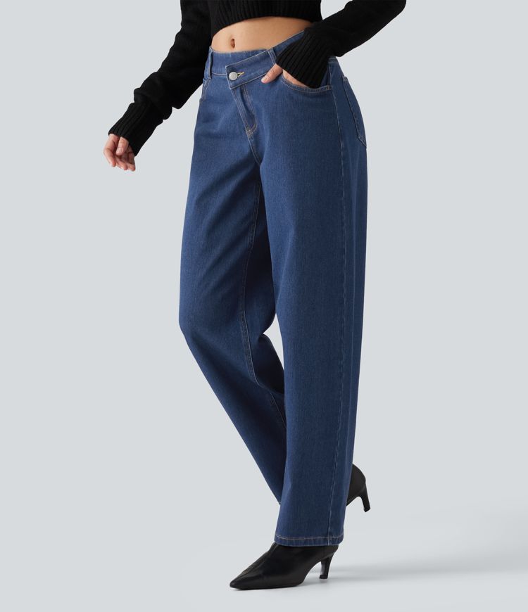 Halara Flex™ Mid Rise Asymmetric Barrel Leg Casual Jeans with Pockets