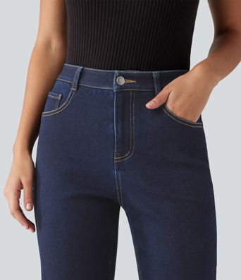 Lässige Jeans aus Baumwolle mit mittelhohem Bund, mehreren Taschen und geradem Bein Lässige Jeans aus Baumwolle mit mittelhohem Bund, mehreren Taschen und geradem Bein