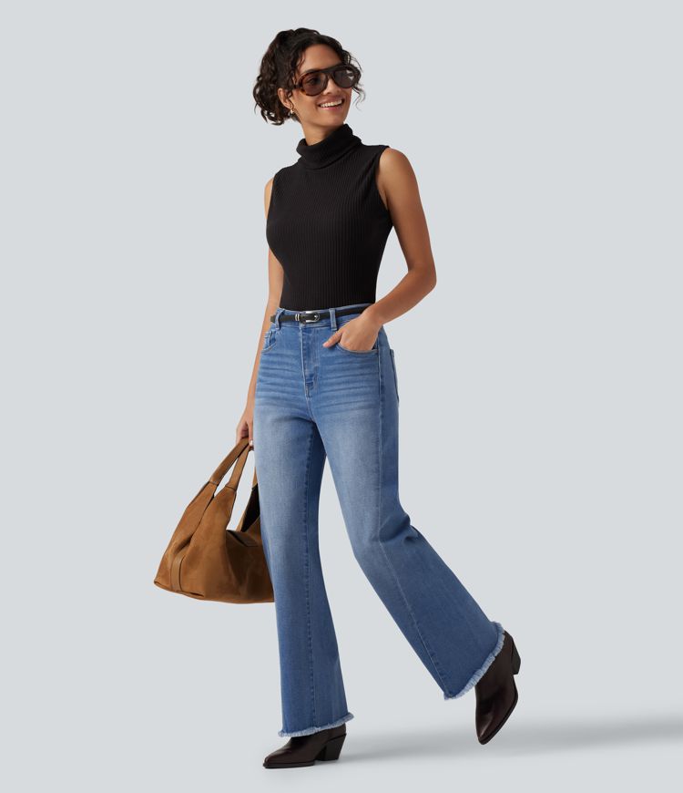 Mid Rise Patterned Denim Casual Flare Jeans with Pockets Mid Rise Patterned Denim Casual Flare Jeans with Pockets