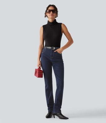 Lässige Jeans aus Baumwolle mit mittelhohem Bund, mehreren Taschen und geradem Bein Lässige Jeans aus Baumwolle mit mittelhohem Bund, mehreren Taschen und geradem Bein