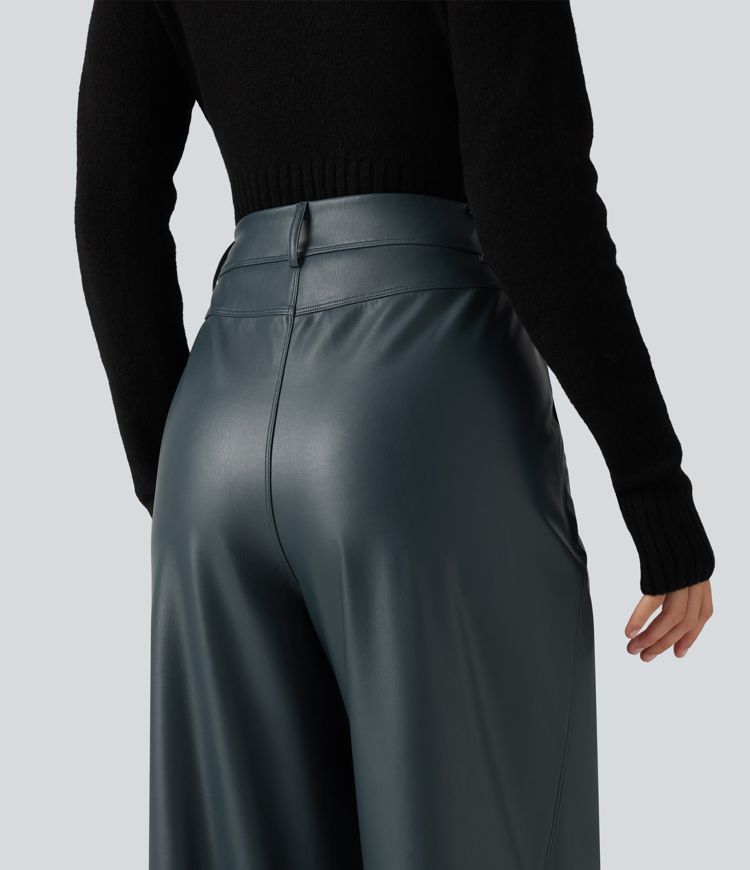High Waisted Wide Leg Stretchy PU Fleece Casual Pants with Pockets High Waisted Wide Leg Stretchy PU Fleece Casual Pants with Pockets