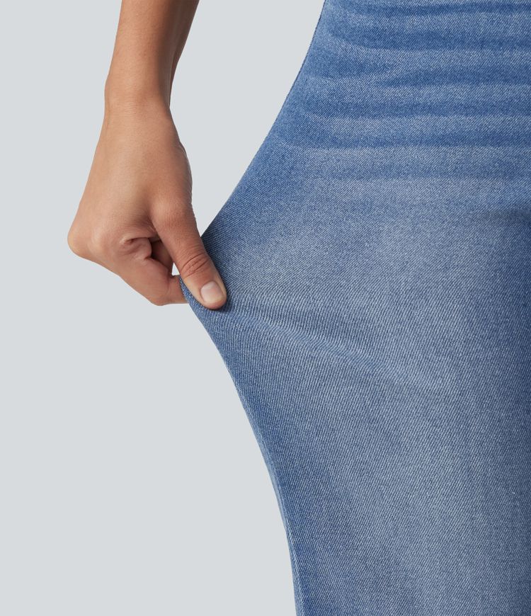 Mid Rise Patterned Denim Casual Flare Jeans with Pockets Mid Rise Patterned Denim Casual Flare Jeans with Pockets