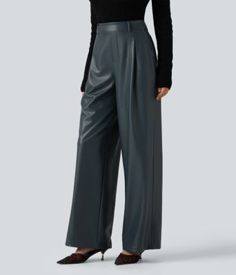 High Waisted Wide Leg Stretchy PU Fleece Casual Pants with Pockets High Waisted Wide Leg Stretchy PU Fleece Casual Pants with Pockets
