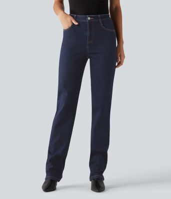 Lässige Jeans aus Baumwolle mit mittelhohem Bund, mehreren Taschen und geradem Bein Lässige Jeans aus Baumwolle mit mittelhohem Bund, mehreren Taschen und geradem Bein