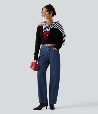 Halara Flex™ Mid Rise Asymmetric Barrel Leg Casual Jeans with Pockets