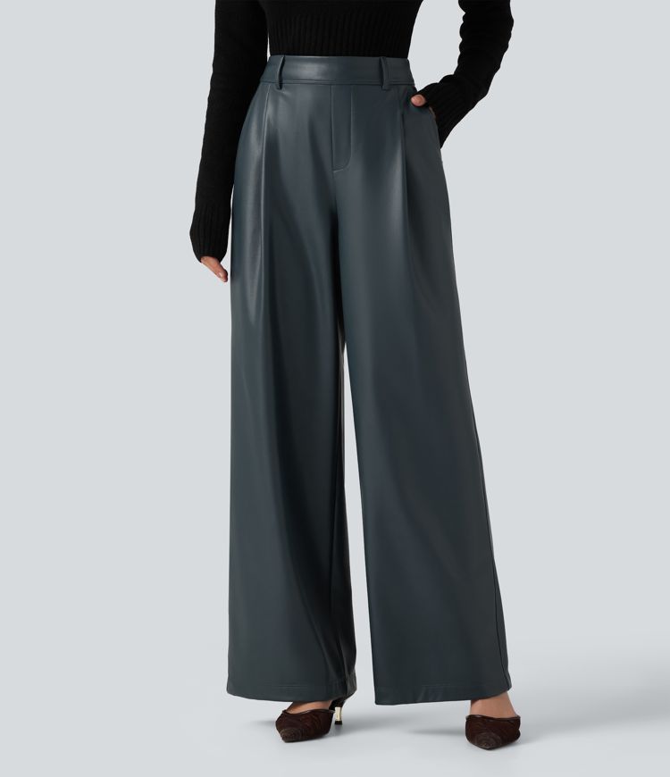 Lässige Fleece-Hose aus elastischem Kunstleder mit hohem Bund, Seitentaschen und weitem Bein