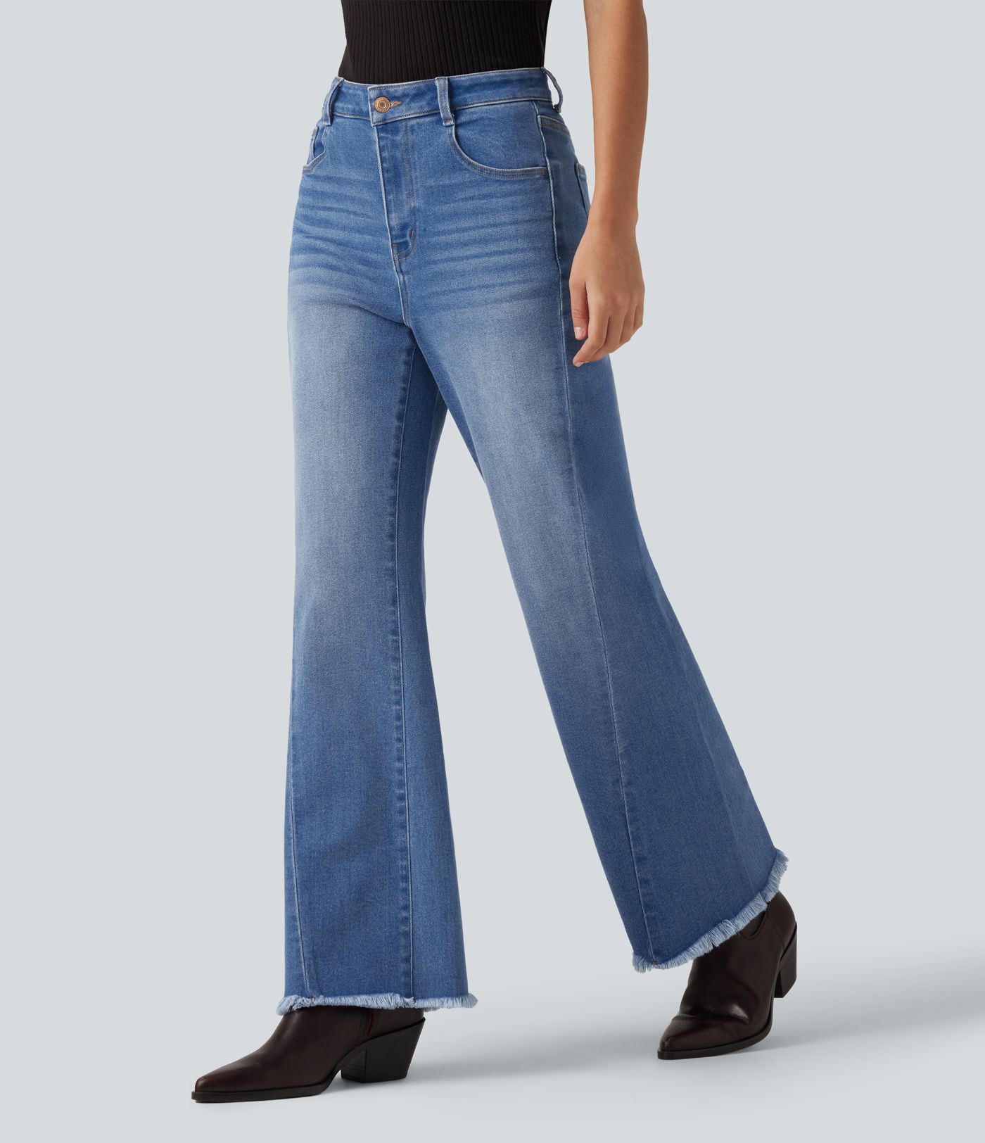 Mid Rise Patterned Denim Casual Flare Jeans with Pockets Mid Rise Patterned Denim Casual Flare Jeans with Pockets