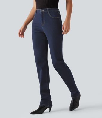 Lässige Jeans aus Baumwolle mit mittelhohem Bund, mehreren Taschen und geradem Bein Lässige Jeans aus Baumwolle mit mittelhohem Bund, mehreren Taschen und geradem Bein