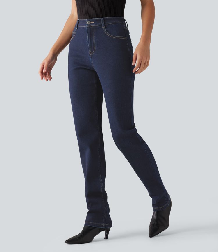 Lässige Jeans aus Baumwolle mit mittelhohem Bund, mehreren Taschen und geradem Bein Lässige Jeans aus Baumwolle mit mittelhohem Bund, mehreren Taschen und geradem Bein