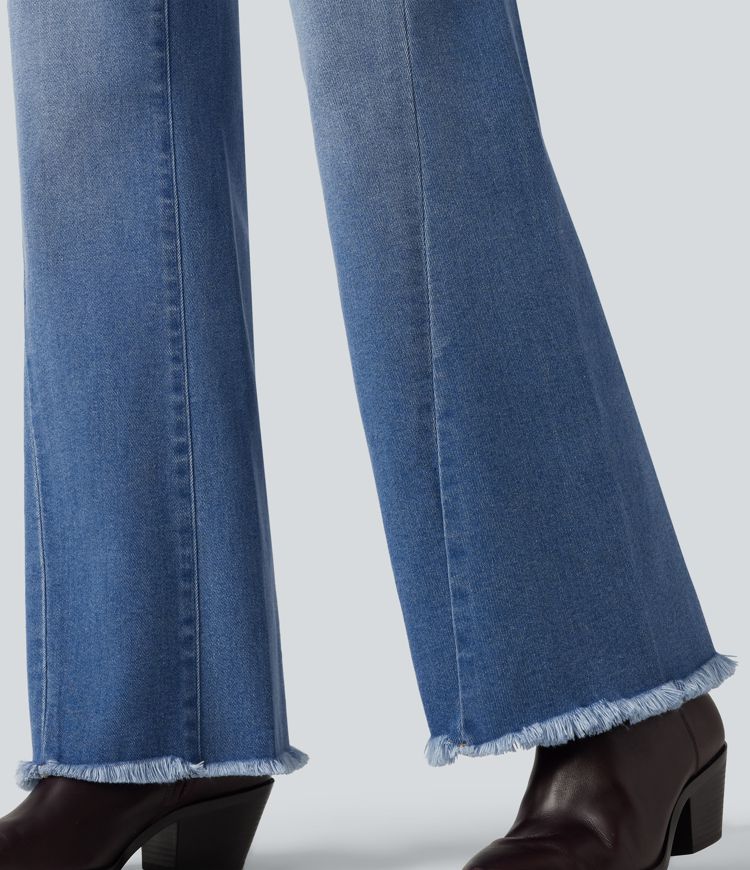 Mid Rise Patterned Denim Casual Flare Jeans with Pockets Mid Rise Patterned Denim Casual Flare Jeans with Pockets