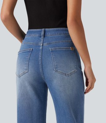 Mid Rise Patterned Denim Casual Flare Jeans with Pockets Mid Rise Patterned Denim Casual Flare Jeans with Pockets