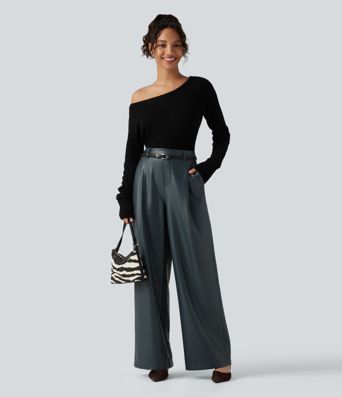 High Waisted Wide Leg Stretchy PU Fleece Casual Pants with Pockets High Waisted Wide Leg Stretchy PU Fleece Casual Pants with Pockets