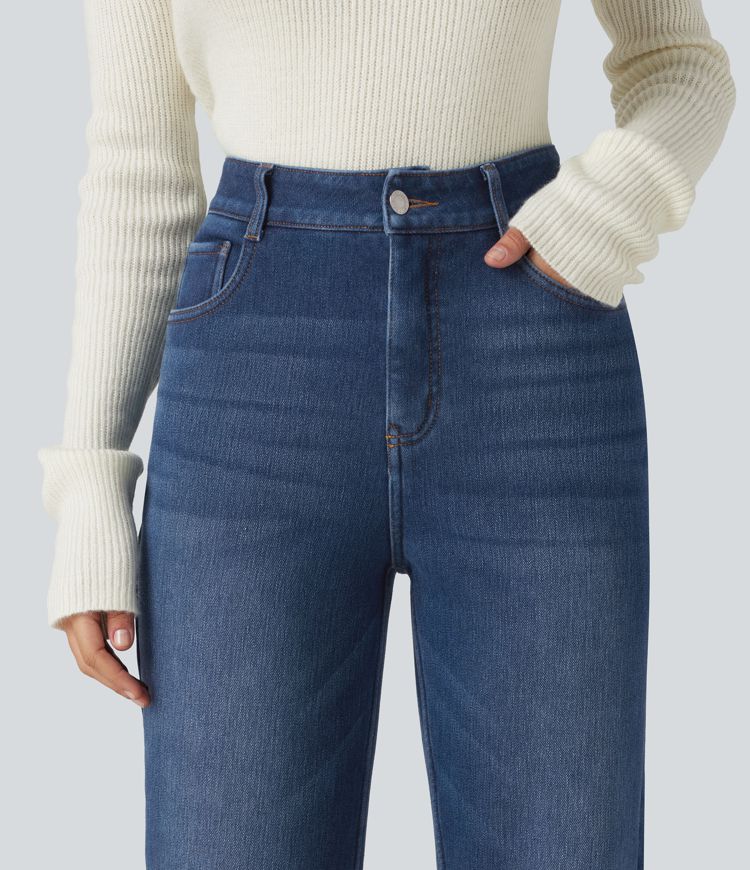 Mid Rise Straight Leg Fleece Casual Cotton Jeans with Pockets Mid Rise Straight Leg Fleece Casual Cotton Jeans with Pockets