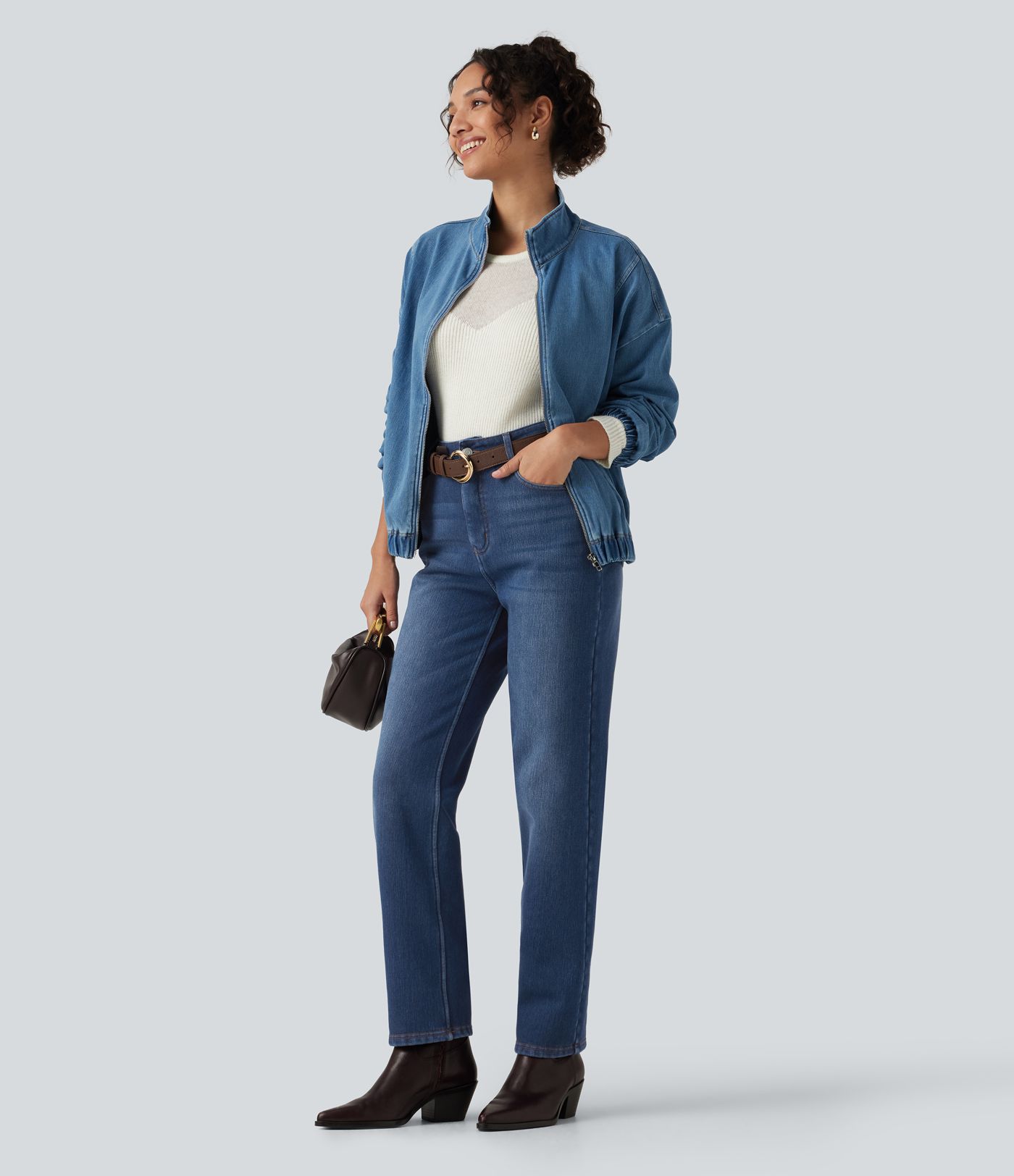 Mid Rise Straight Leg Fleece Casual Cotton Jeans with Pockets Mid Rise Straight Leg Fleece Casual Cotton Jeans with Pockets