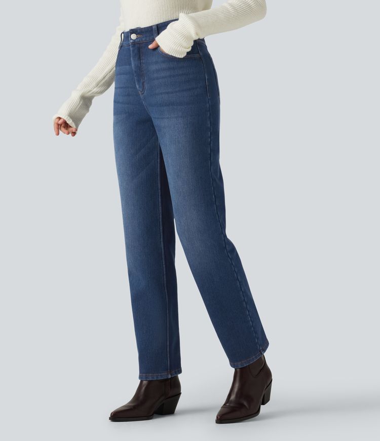 Mid Rise Straight Leg Fleece Casual Cotton Jeans with Pockets Mid Rise Straight Leg Fleece Casual Cotton Jeans with Pockets