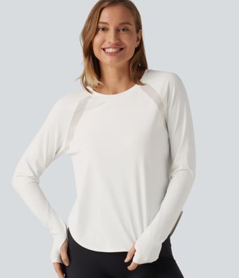 SoftlyZero™ QuickDry Round Neck Long Sleeve Contrast Mesh Thumb Hole Running Sports Top 
