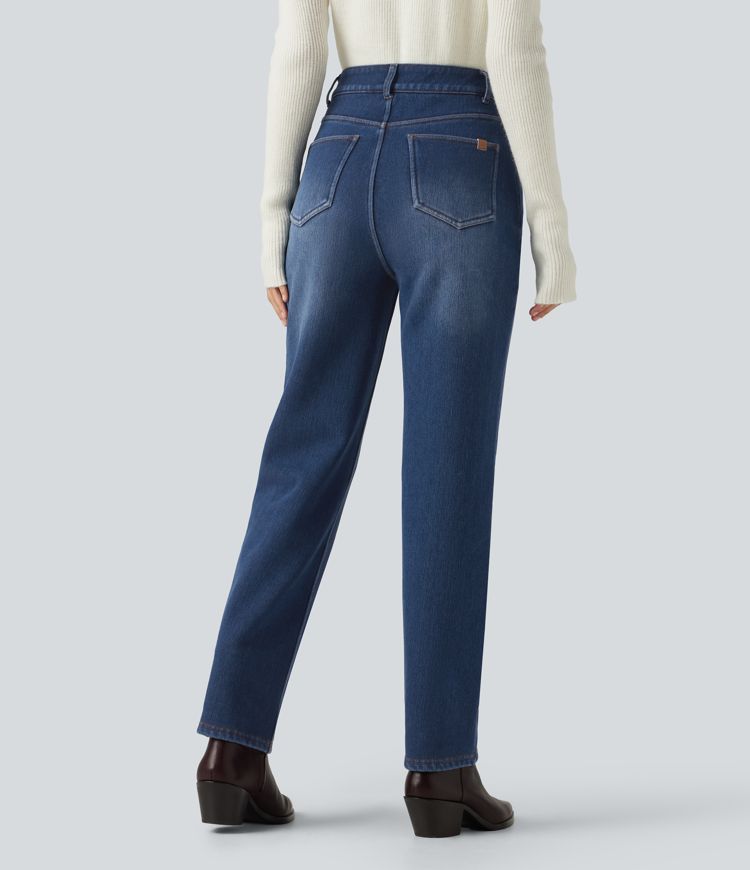 Mid Rise Straight Leg Fleece Casual Cotton Jeans with Pockets Mid Rise Straight Leg Fleece Casual Cotton Jeans with Pockets