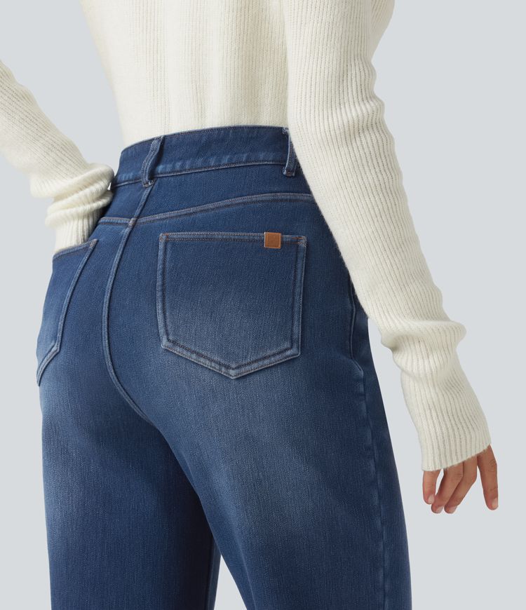 Mid Rise Straight Leg Fleece Casual Cotton Jeans with Pockets Mid Rise Straight Leg Fleece Casual Cotton Jeans with Pockets