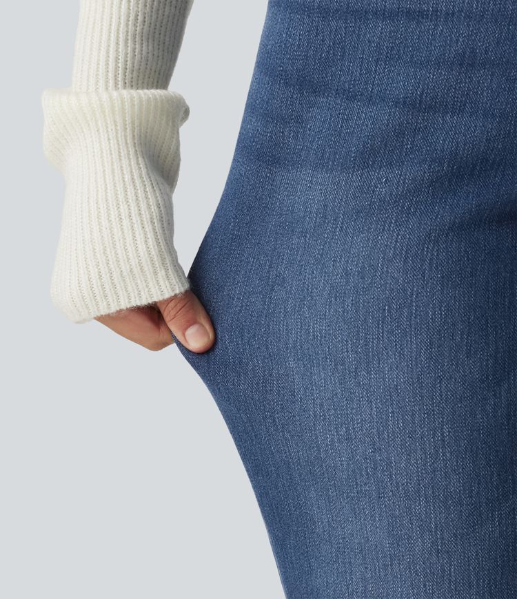 Mid Rise Straight Leg Fleece Casual Cotton Jeans with Pockets Mid Rise Straight Leg Fleece Casual Cotton Jeans with Pockets