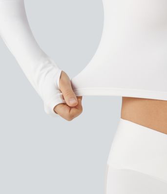 SoftlyZero™ Plush Round Neck Long Sleeve Contrast Mesh Thumb Hole Yoga Sports Top