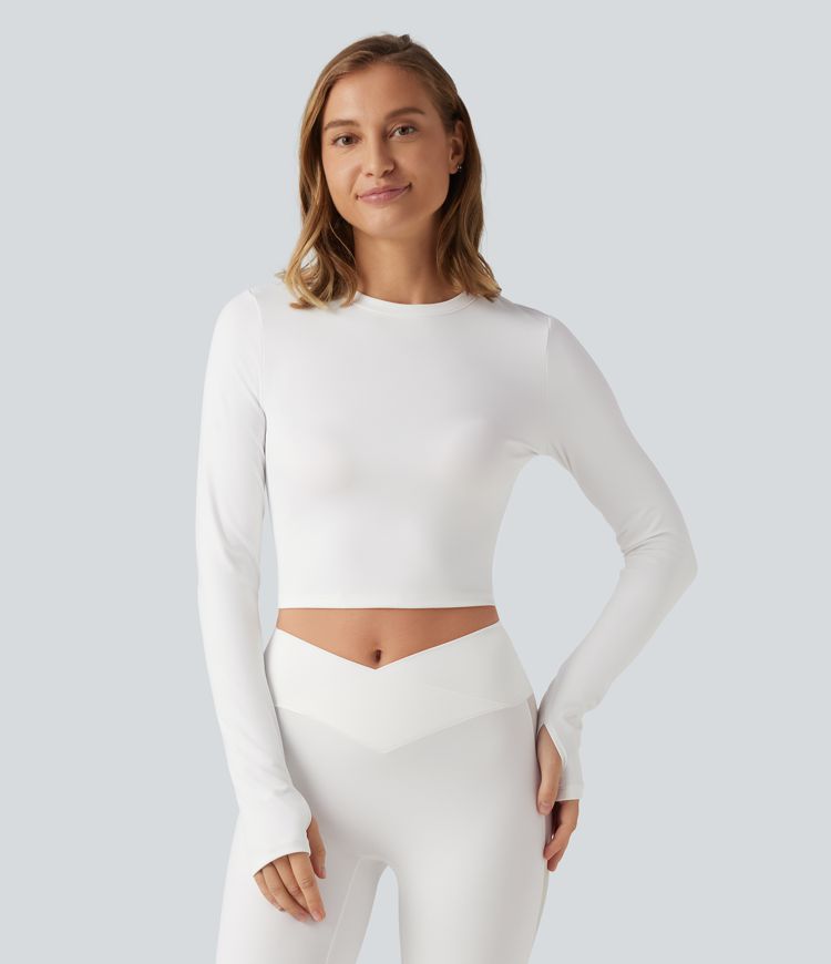 SoftlyZero™ Plush Round Neck Long Sleeve Contrast Mesh Thumb Hole Yoga Sports Top
