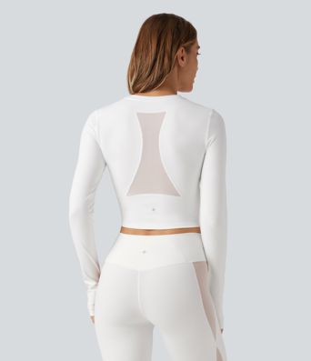 SoftlyZero™ Plush Round Neck Long Sleeve Contrast Mesh Thumb Hole Yoga Sports Top