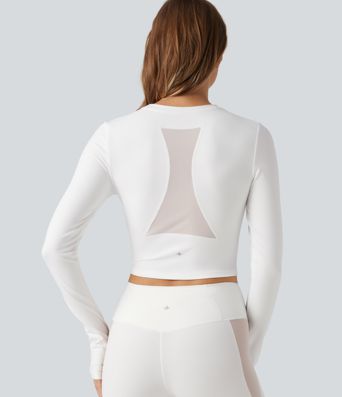 SoftlyZero™ Plush Round Neck Long Sleeve Contrast Mesh Thumb Hole Yoga Sports Top