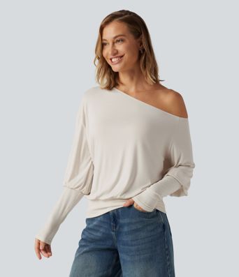 Ribbed One Shoulder Long Sleeve Stacked Casual Top