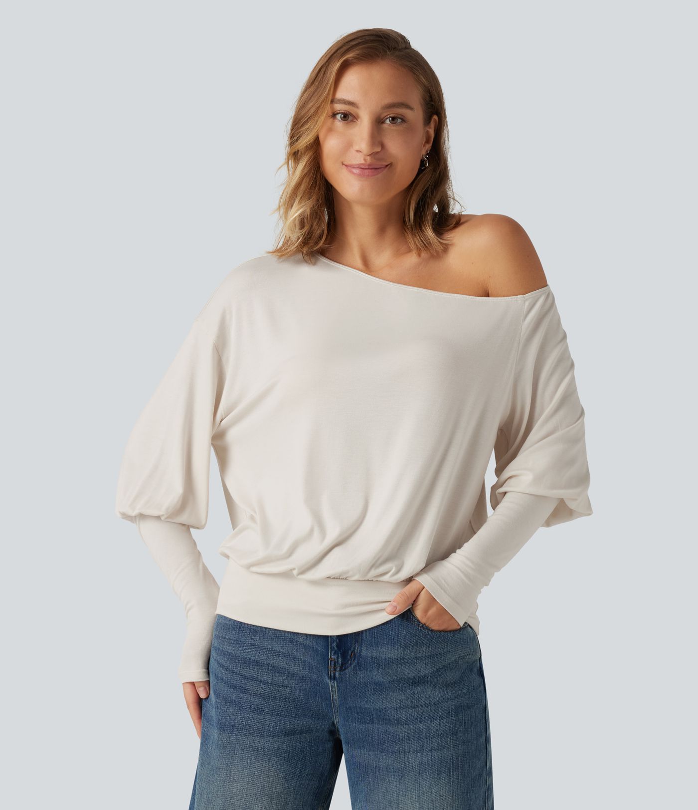 Ribbed One Shoulder Long Sleeve Stacked Casual Top