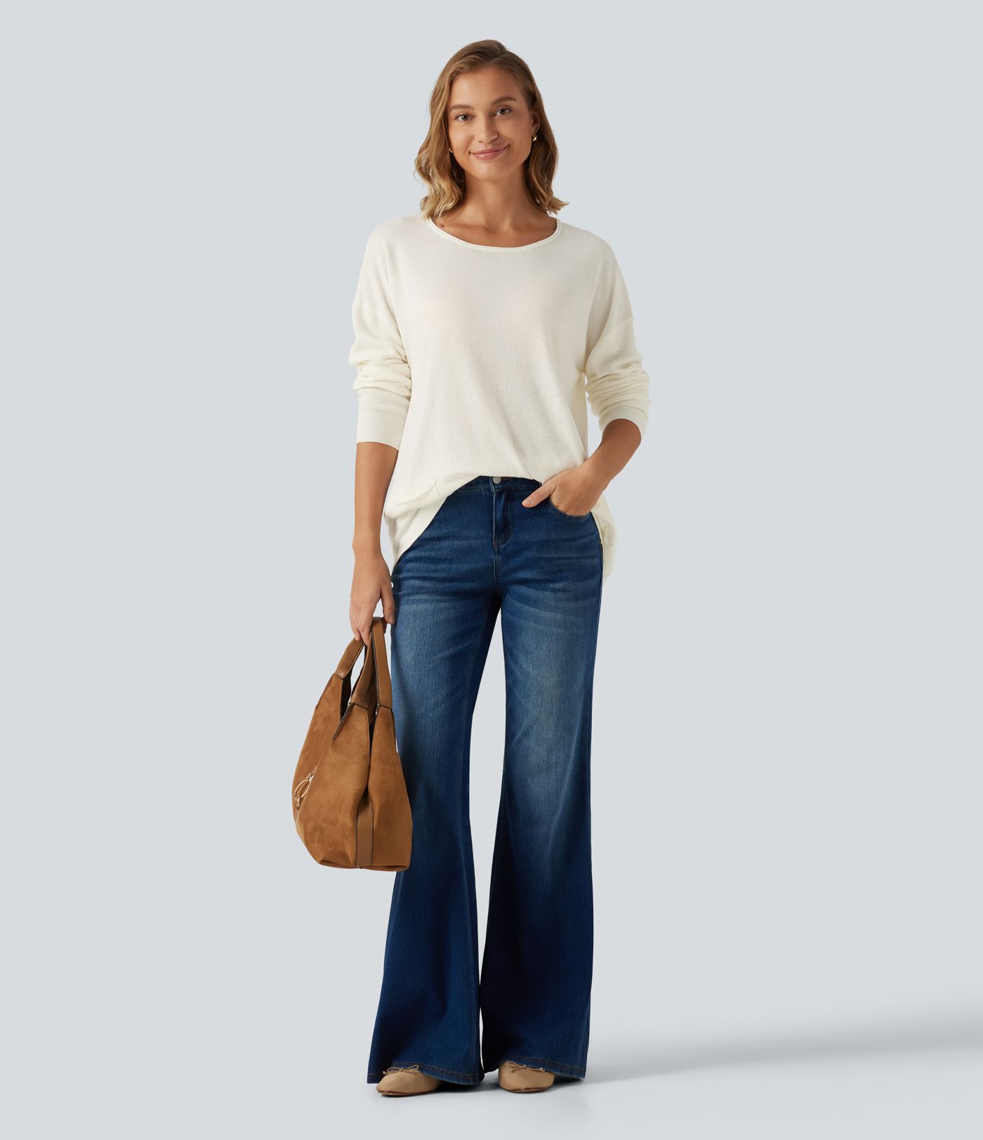 Lässiger Langarm-Pullover mit Rundhalsausschnitt und Taschen Lässiger Langarm-Pullover mit Rundhalsausschnitt und Taschen