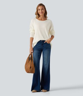 Lässiger Langarm-Pullover mit Rundhalsausschnitt und Taschen Lässiger Langarm-Pullover mit Rundhalsausschnitt und Taschen
